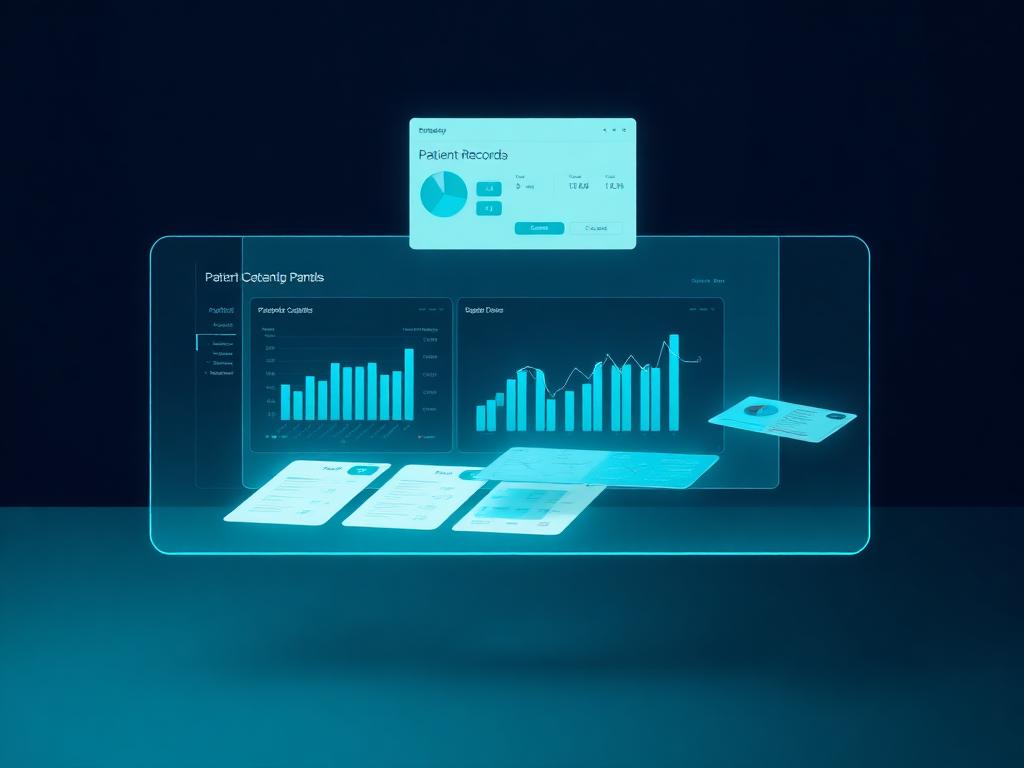 Floating translucent clinical dashboard panels with charts and patient cards